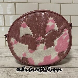 *Love Pain and Stitches Pink Glitter & Cow Hide Happy Face Pumpkin Crossbody Bag